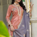 Stunning Peach Shimmer Embroidered Palazzo Suit Set with Lavender Dupatta