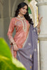 Stunning Peach Shimmer Embroidered Palazzo Suit Set with Lavender Dupatta