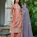 Stunning Peach Shimmer Embroidered Palazzo Suit Set with Lavender Dupatta