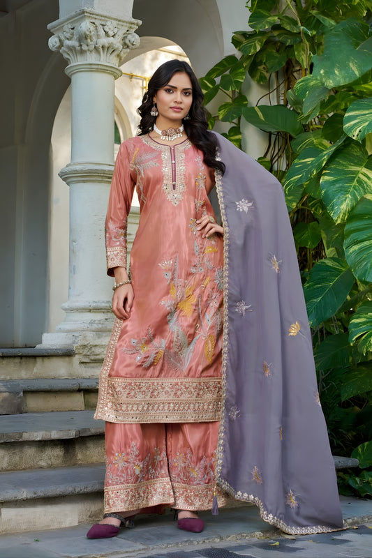Stunning Peach Shimmer Embroidered Palazzo Suit Set with Lavender Dupatta