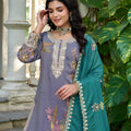 Admirable Lavender Shimmer Embroidered Palazzo Suit Set with Teal Dupatta