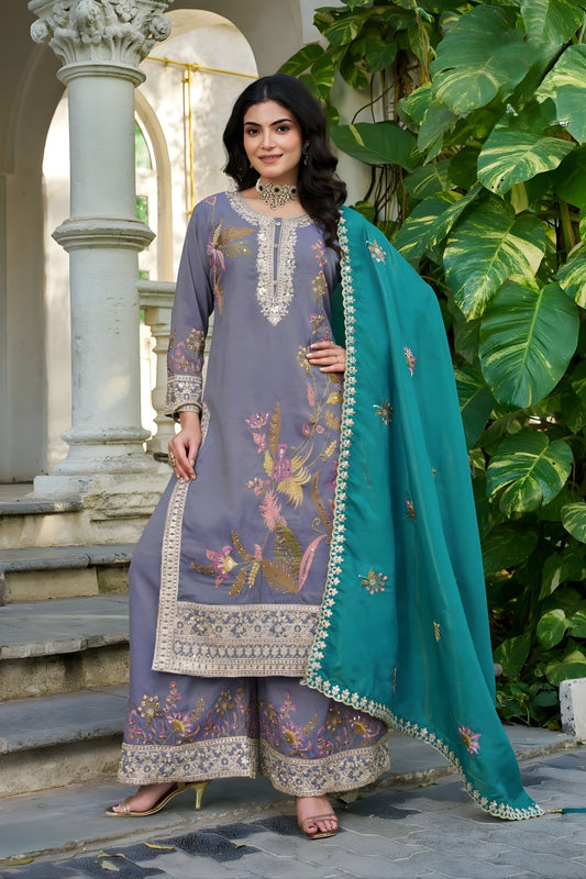 Admirable Lavender Shimmer Embroidered Palazzo Suit Set with Teal Dupatta