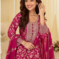 Luxurious Rani Pink Viscose Jacquard Embroidered Gown with Designer Dupatta for Wedding