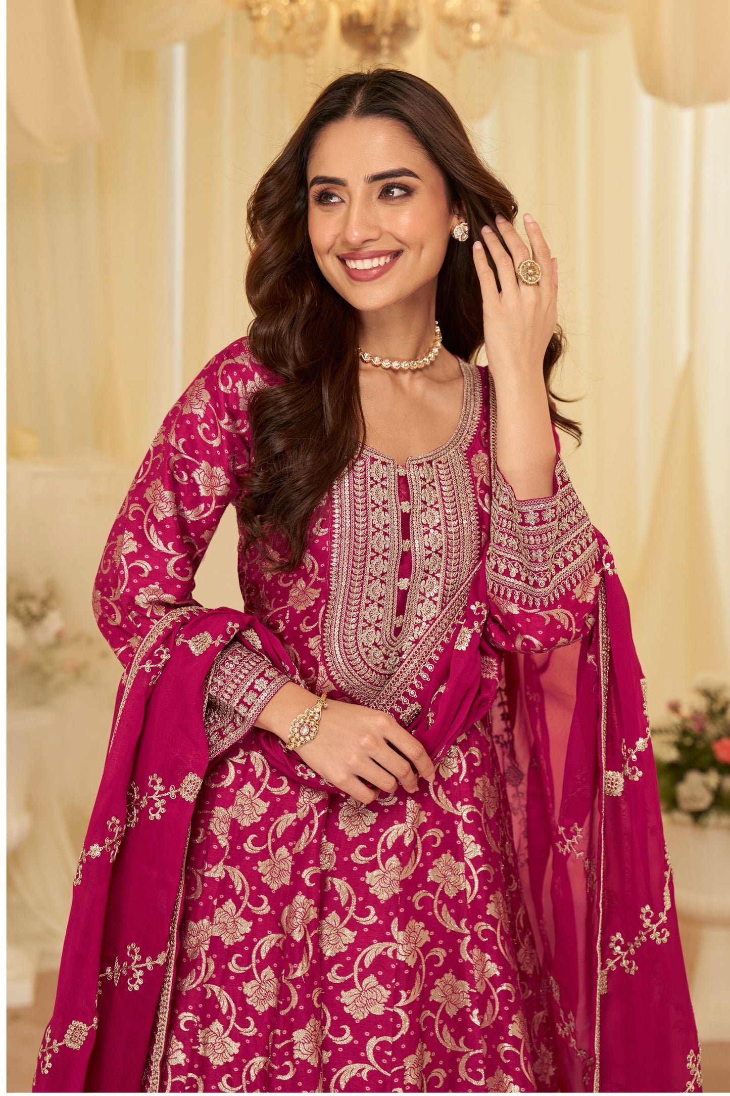 Luxurious Rani Pink Viscose Jacquard Embroidered Gown with Designer Dupatta for Wedding