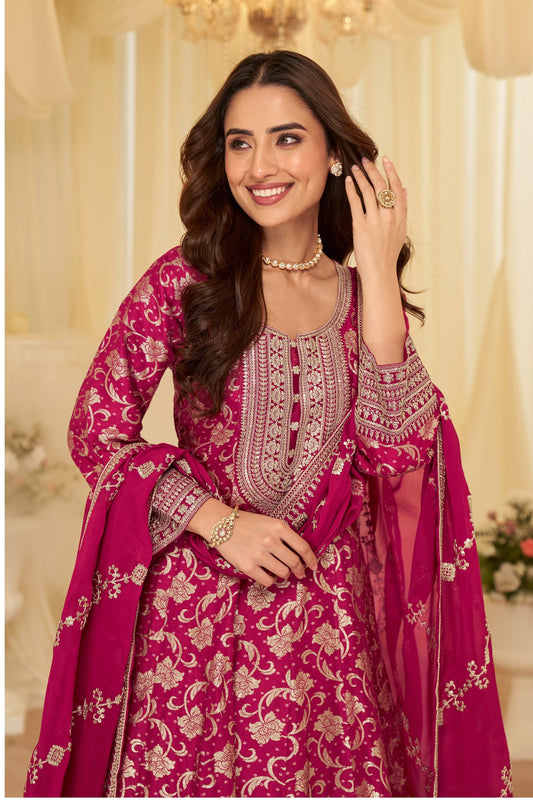 Luxurious Rani Pink Viscose Jacquard Embroidered Gown with Designer Dupatta for Wedding