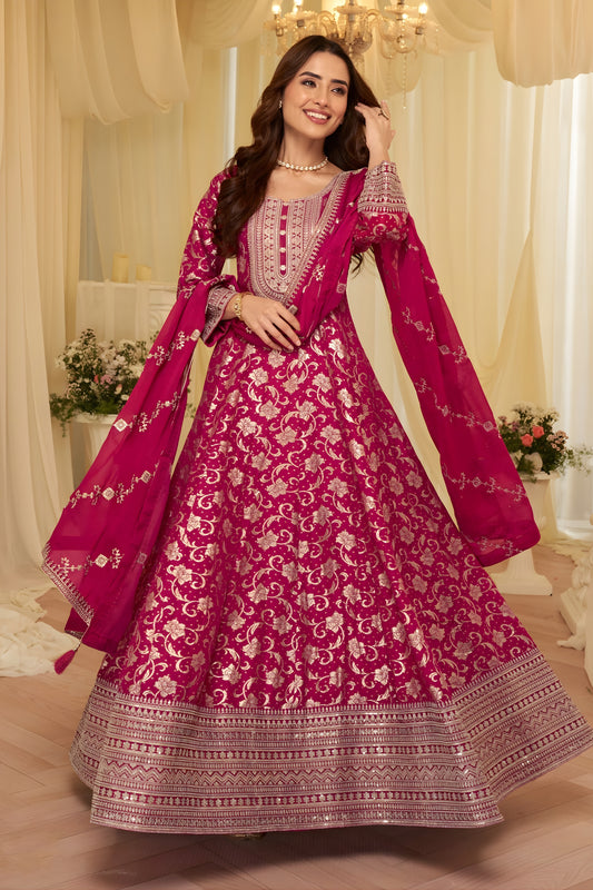 Luxurious Rani Pink Viscose Jacquard Embroidered Gown with Designer Dupatta for Wedding