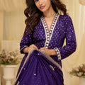 Royal Purple Viscose Jacquard Embroidered Gown with Designer Dupatta for Wedding