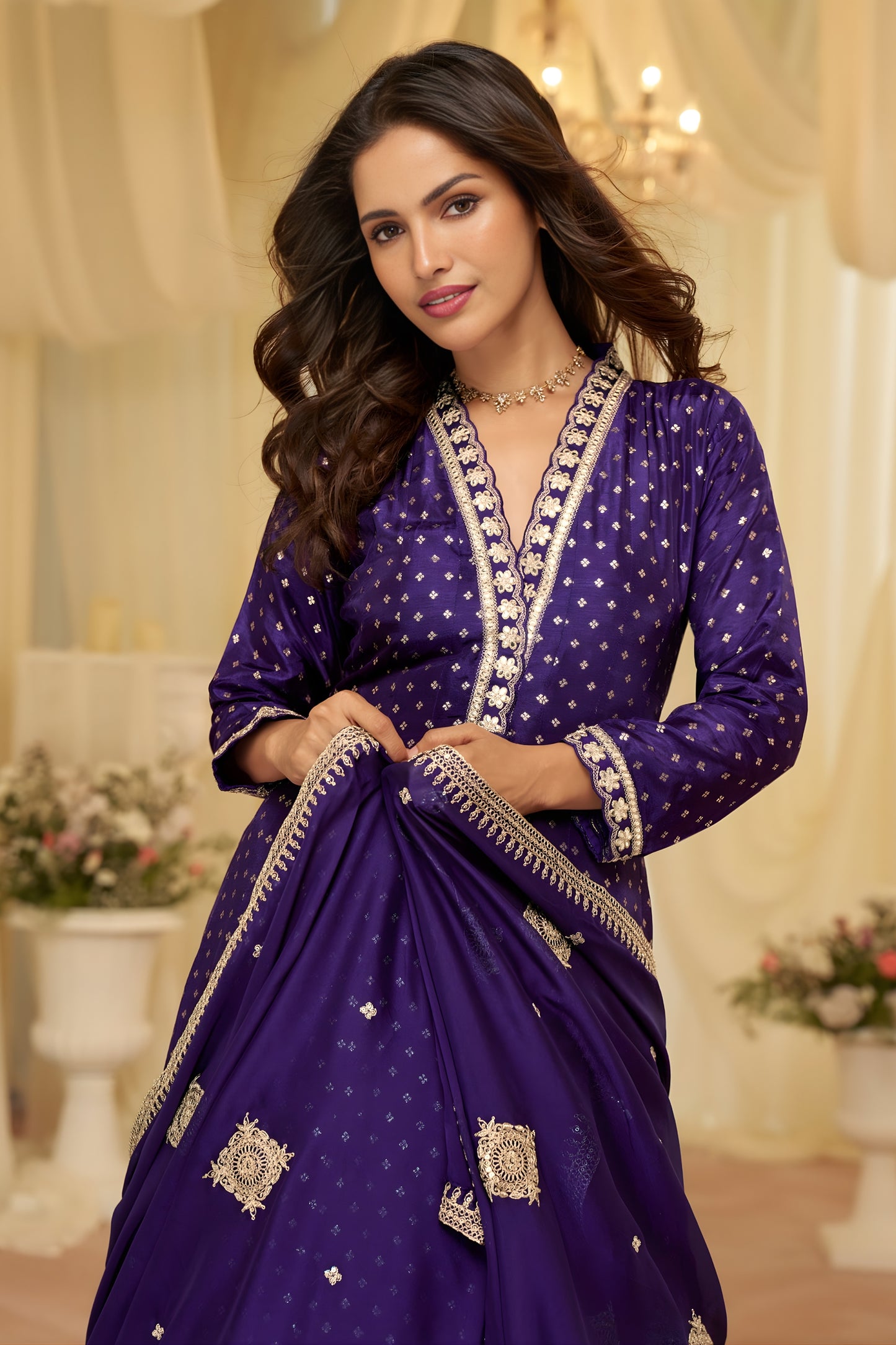 Royal Purple Viscose Jacquard Embroidered Gown with Designer Dupatta for Wedding