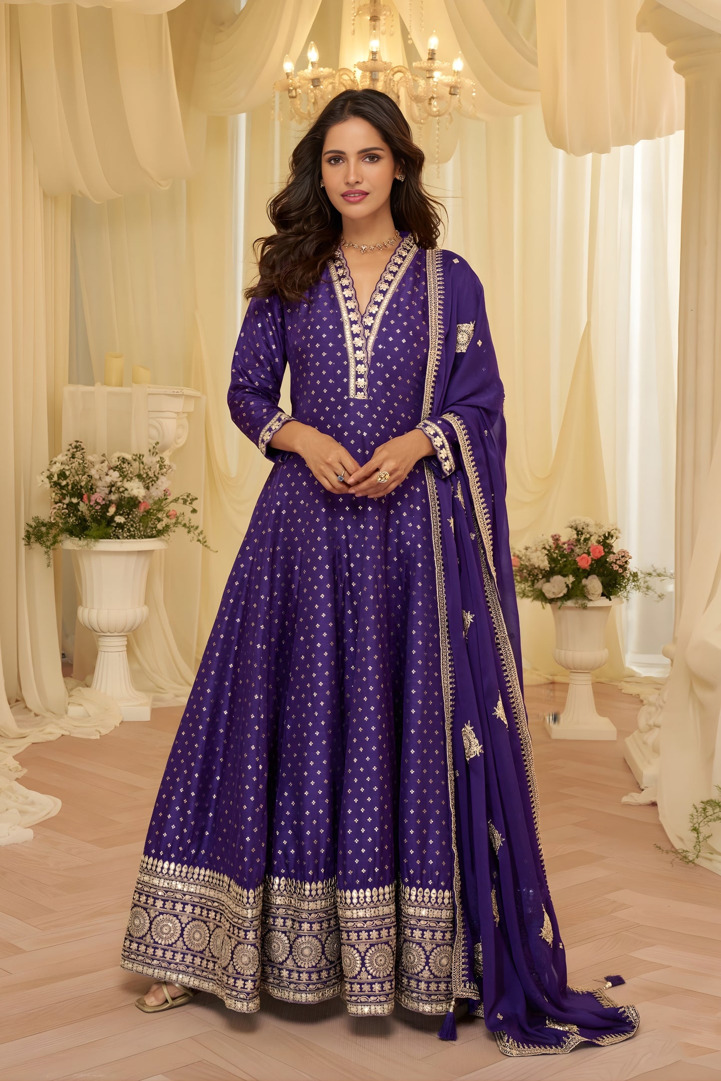 Royal Purple Viscose Jacquard Embroidered Gown with Designer Dupatta for Wedding