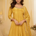 Elegant Mustard Yellow Viscose Jacquard Embroidered Gown with Designer Dupatta for Wedding