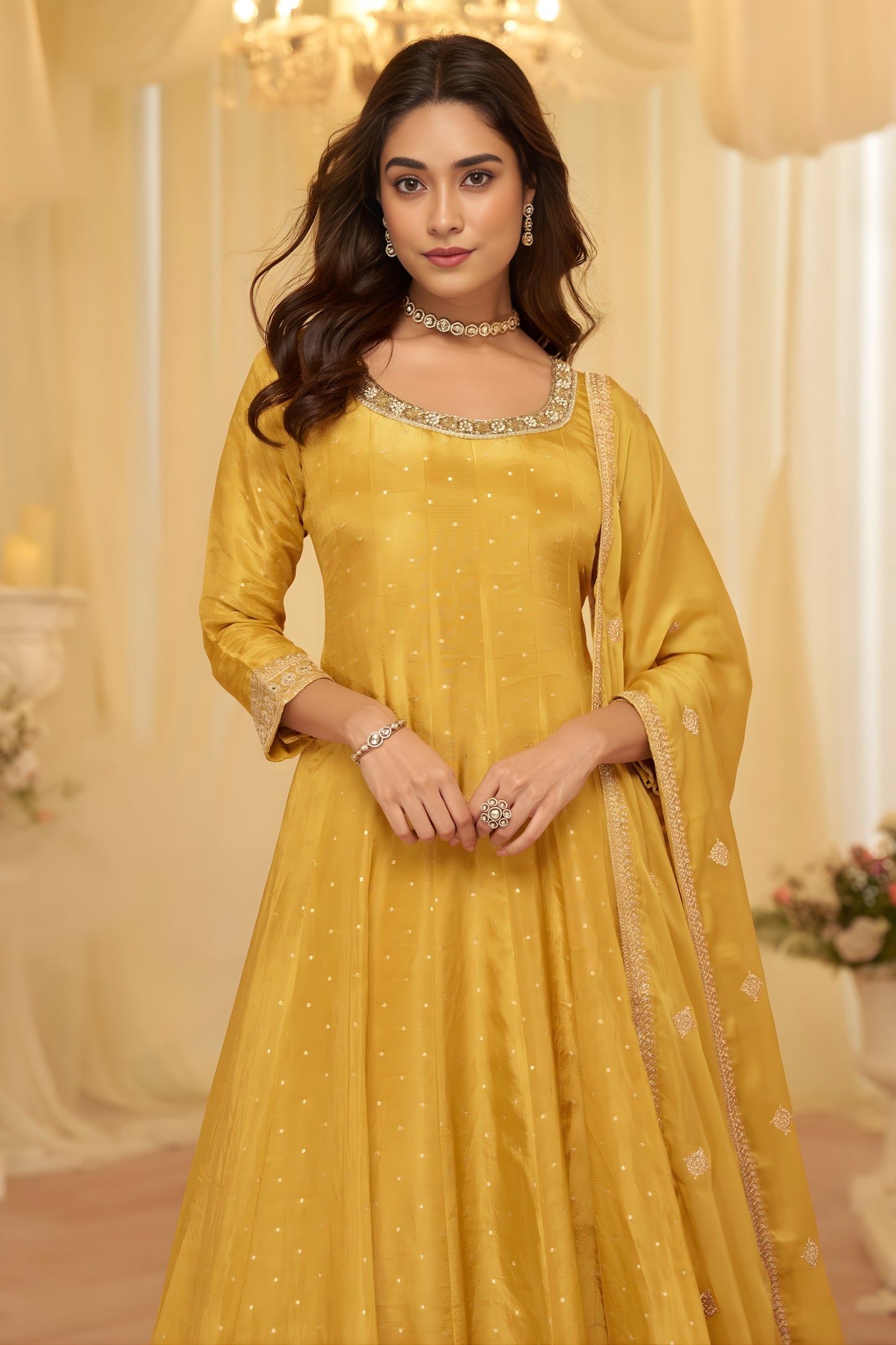 Elegant Mustard Yellow Viscose Jacquard Embroidered Gown with Designer Dupatta for Wedding
