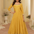 Elegant Mustard Yellow Viscose Jacquard Embroidered Gown with Designer Dupatta for Wedding
