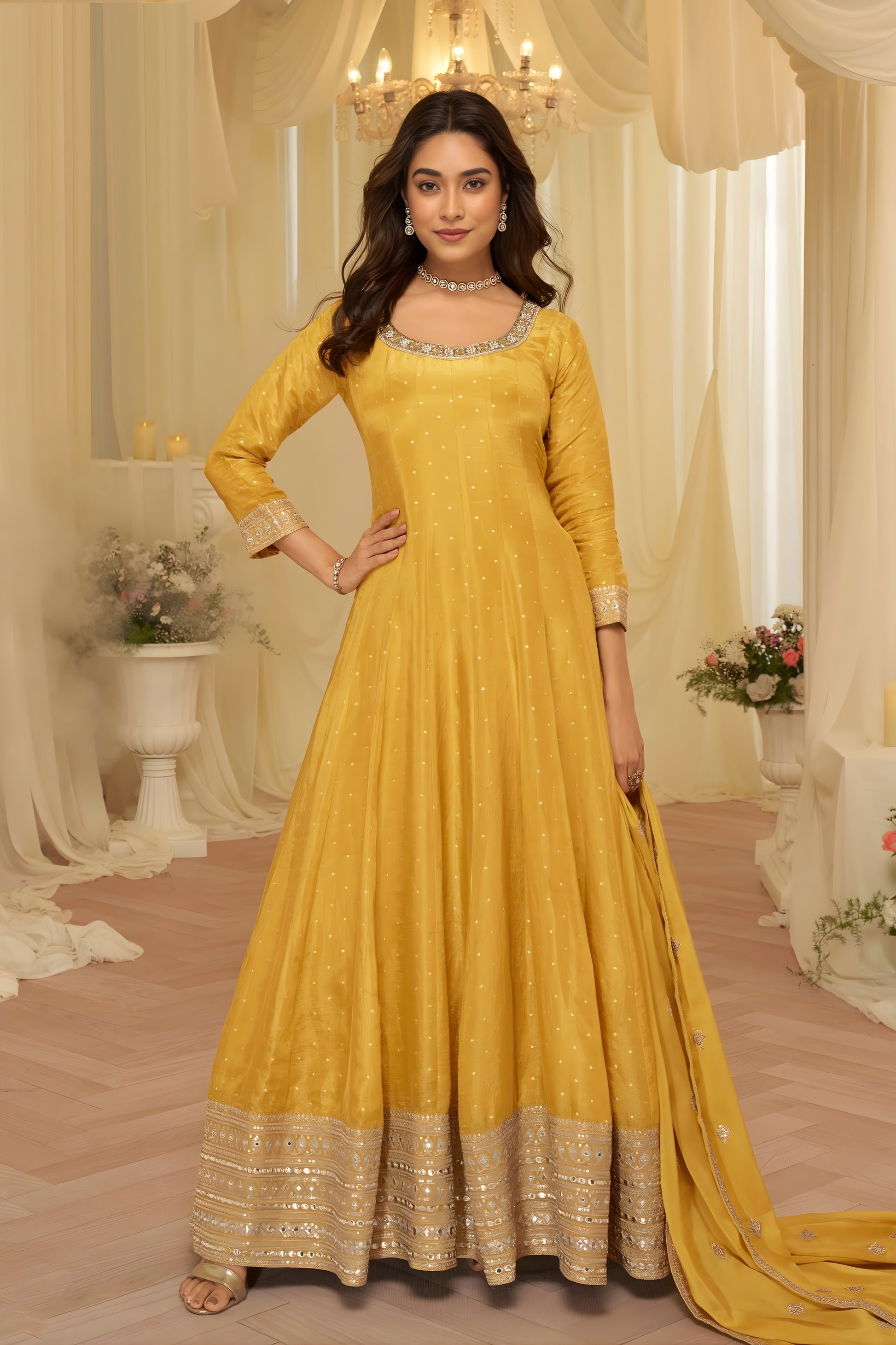Elegant Mustard Yellow Viscose Jacquard Embroidered Gown with Designer Dupatta for Wedding