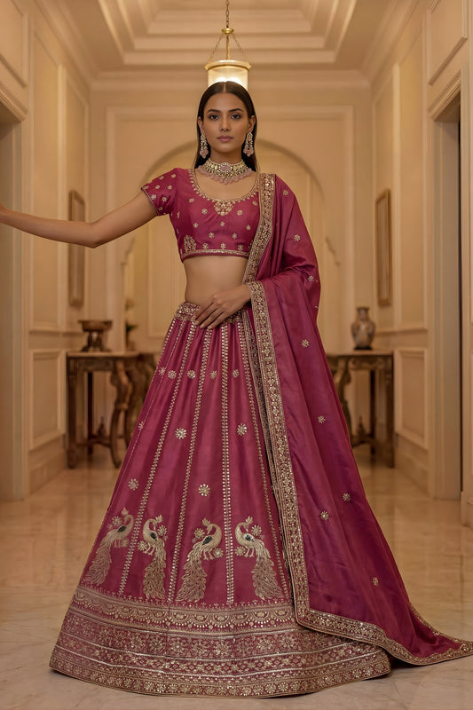 Royal Rani Pink Silk Embroidered Lehenga Choli with Peacock Motif Border and Designer Dupatta