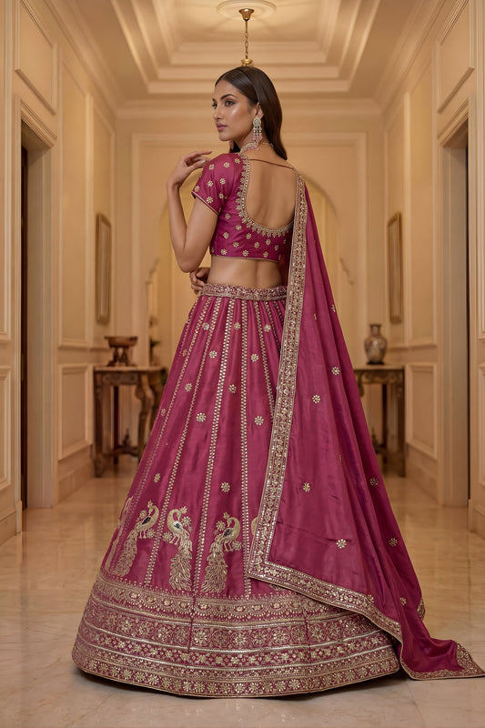 Royal Rani Pink Silk Embroidered Lehenga Choli with Peacock Motif Border and Designer Dupatta