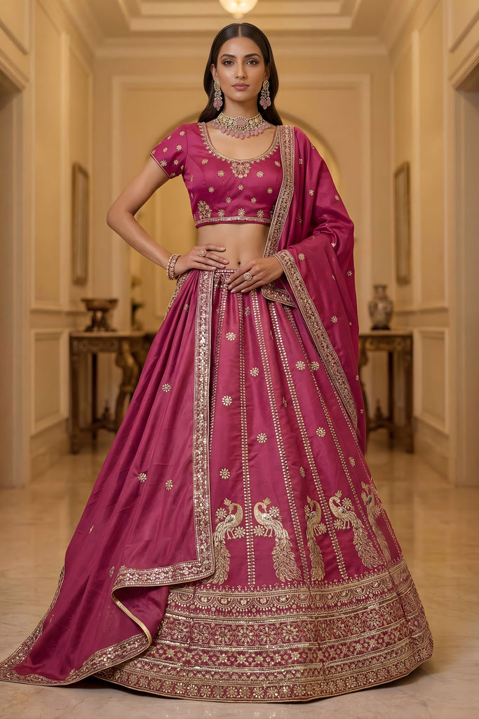Royal Rani Pink Silk Embroidered Lehenga Choli with Peacock Motif Border and Designer Dupatta