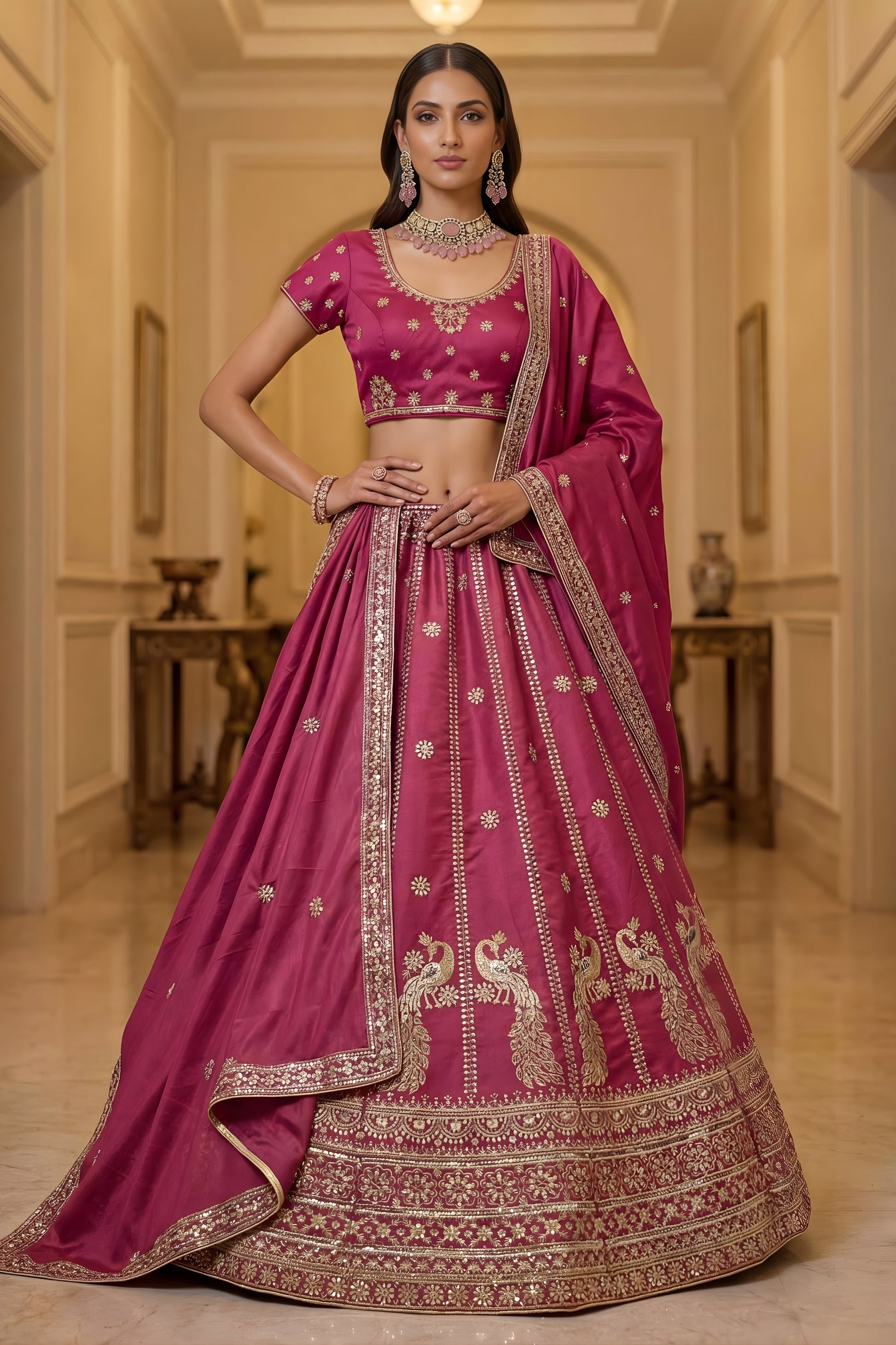 Royal Rani Pink Silk Embroidered Lehenga Choli with Peacock Motif Border and Designer Dupatta
