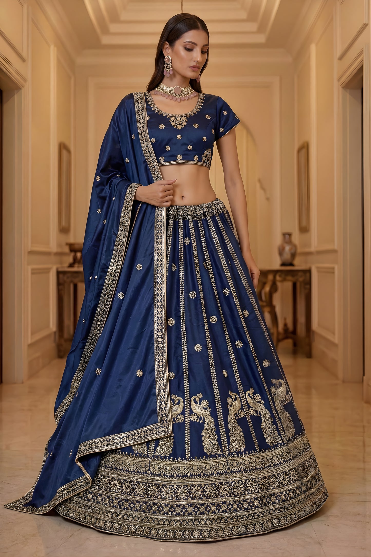 Luxurious Navy Blue Silk Embroidered Lehenga Choli with Peacock Motif Border and Designer Dupatta