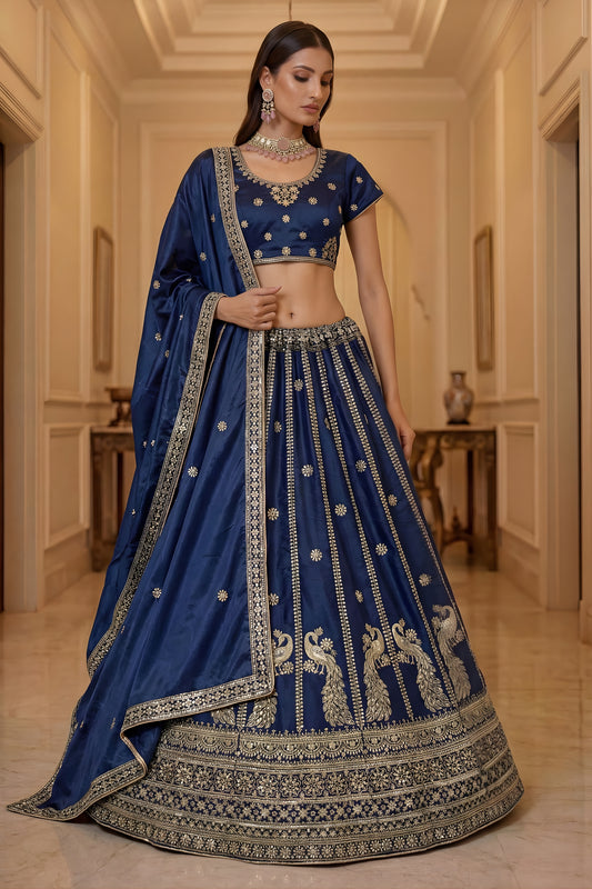 Luxurious Navy Blue Silk Embroidered Lehenga Choli with Peacock Motif Border and Designer Dupatta