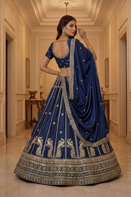 Luxurious Navy Blue Silk Embroidered Lehenga Choli with Peacock Motif Border and Designer Dupatta
