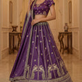 Stylish Purple Silk Embroidered Lehenga Choli with Peacock Motif Border and Designer Dupatta