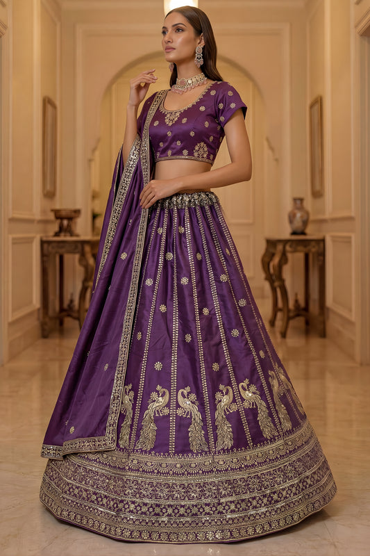 Stylish Purple Silk Embroidered Lehenga Choli with Peacock Motif Border and Designer Dupatta