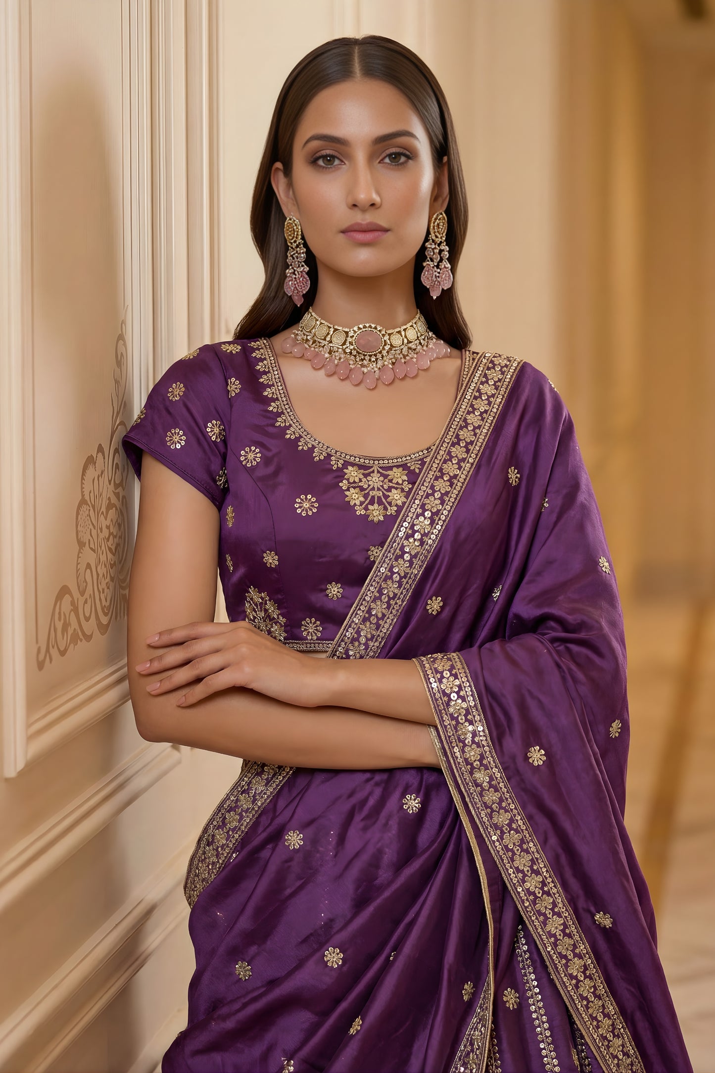 Stylish Purple Silk Embroidered Lehenga Choli with Peacock Motif Border and Designer Dupatta