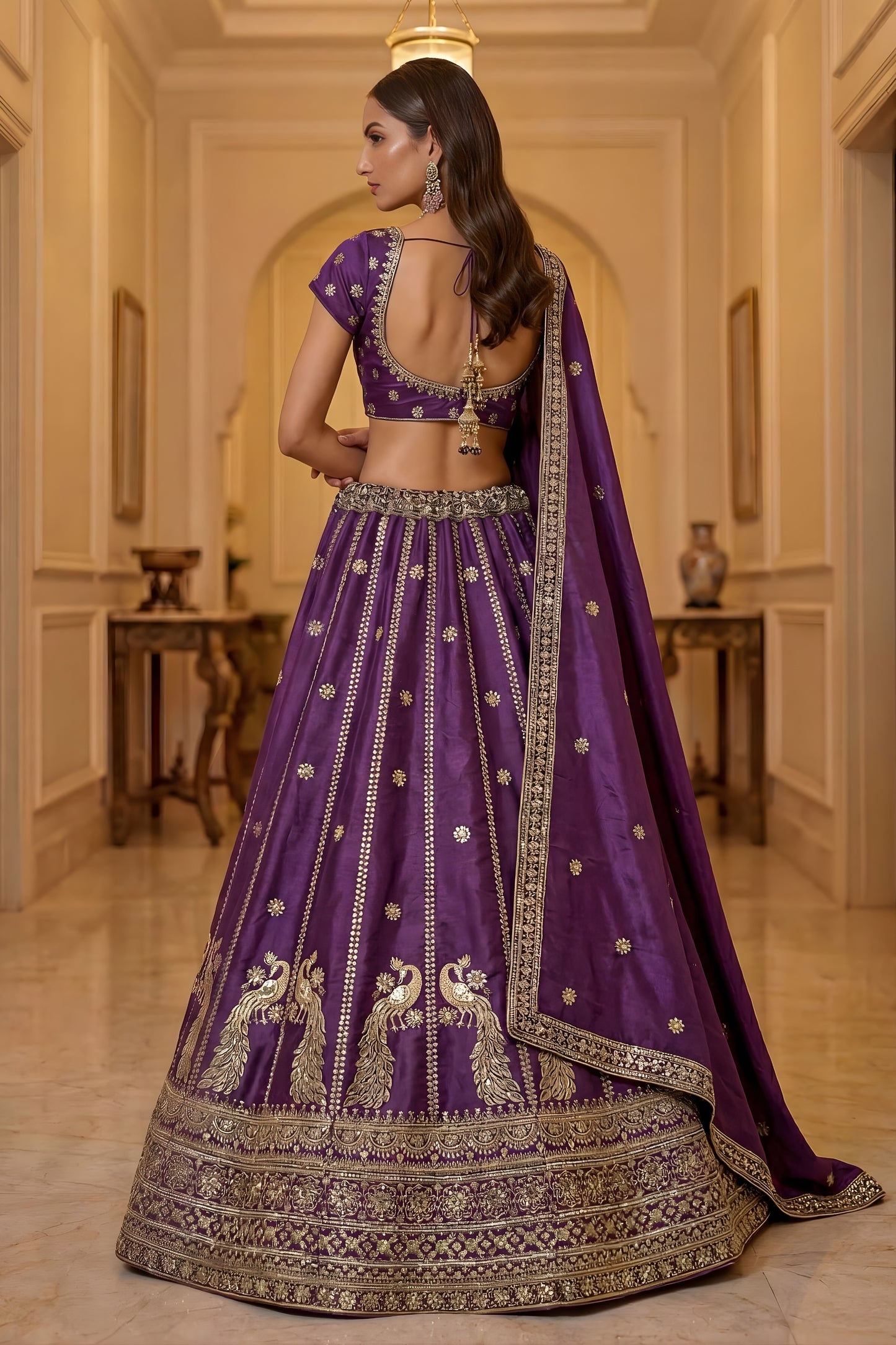 Stylish Purple Silk Embroidered Lehenga Choli with Peacock Motif Border and Designer Dupatta