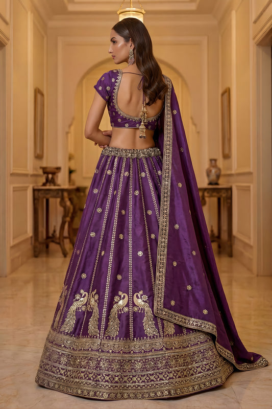Stylish Purple Silk Embroidered Lehenga Choli with Peacock Motif Border and Designer Dupatta