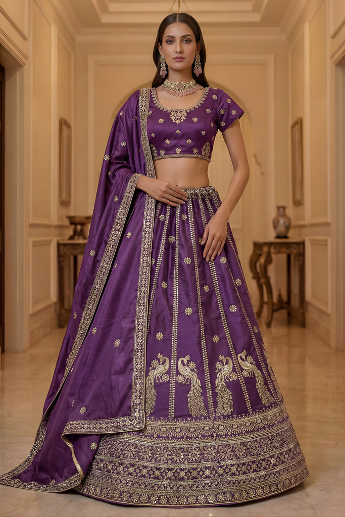 Stylish Purple Silk Embroidered Lehenga Choli with Peacock Motif Border and Designer Dupatta