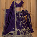 Majestic Dark Purple Silk Embroidered Lehenga Choli with Peacock Motif Border and Designer Dupatta