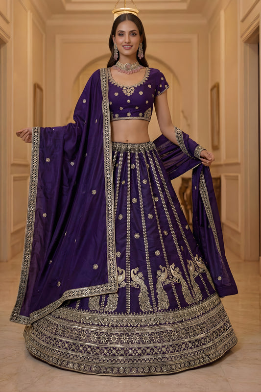 Majestic Dark Purple Silk Embroidered Lehenga Choli with Peacock Motif Border and Designer Dupatta