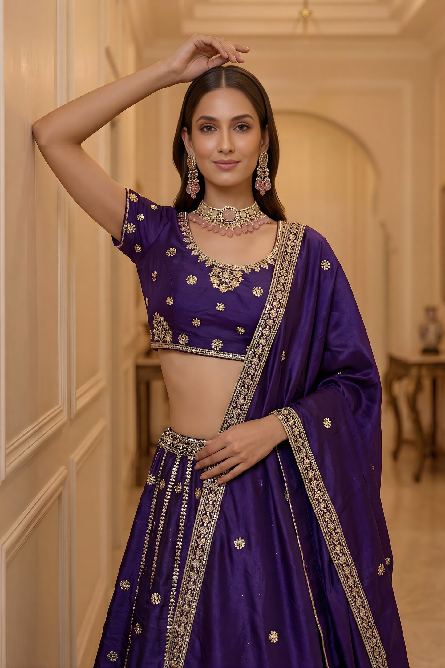 Majestic Dark Purple Silk Embroidered Lehenga Choli with Peacock Motif Border and Designer Dupatta