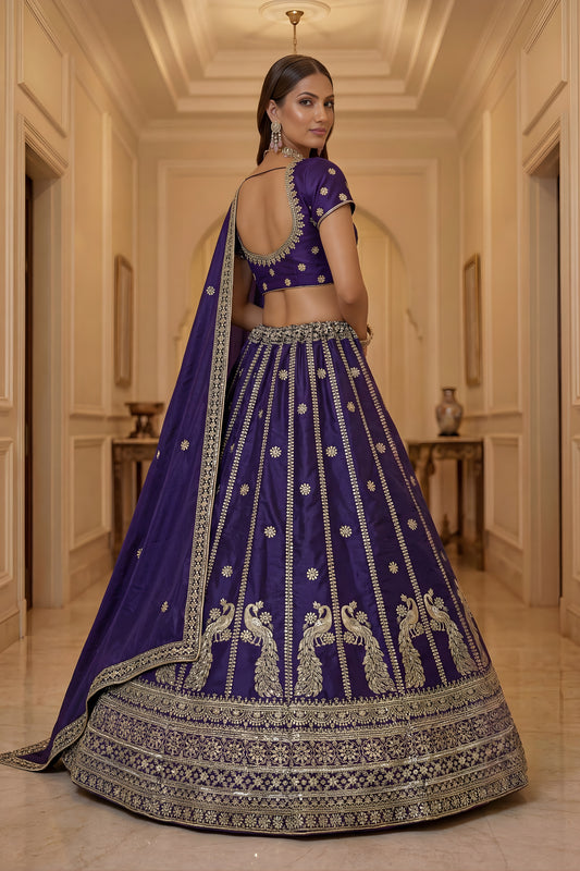 Majestic Dark Purple Silk Embroidered Lehenga Choli with Peacock Motif Border and Designer Dupatta
