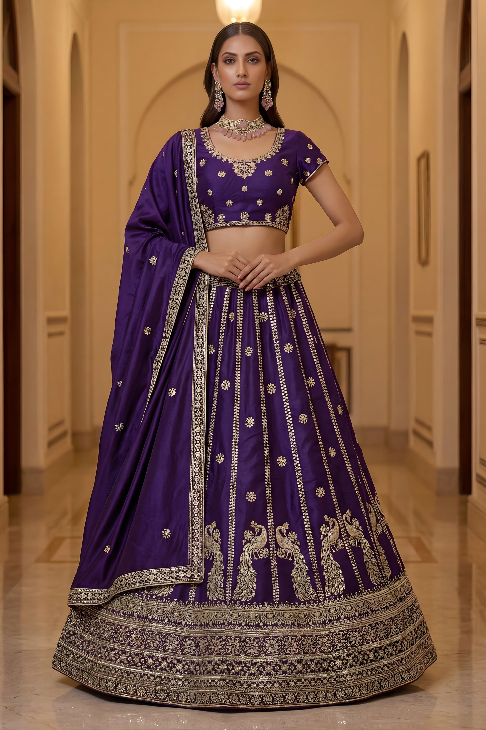 Majestic Dark Purple Silk Embroidered Lehenga Choli with Peacock Motif Border and Designer Dupatta