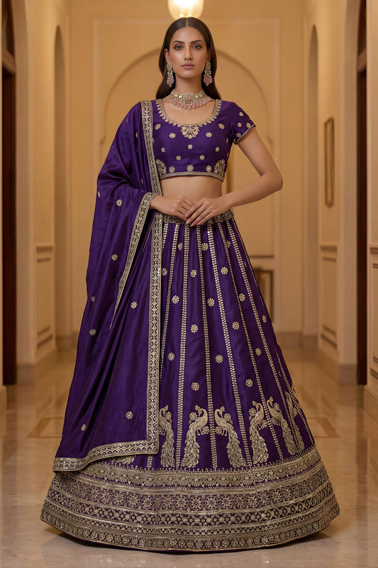 Majestic Dark Purple Silk Embroidered Lehenga Choli with Peacock Motif Border and Designer Dupatta