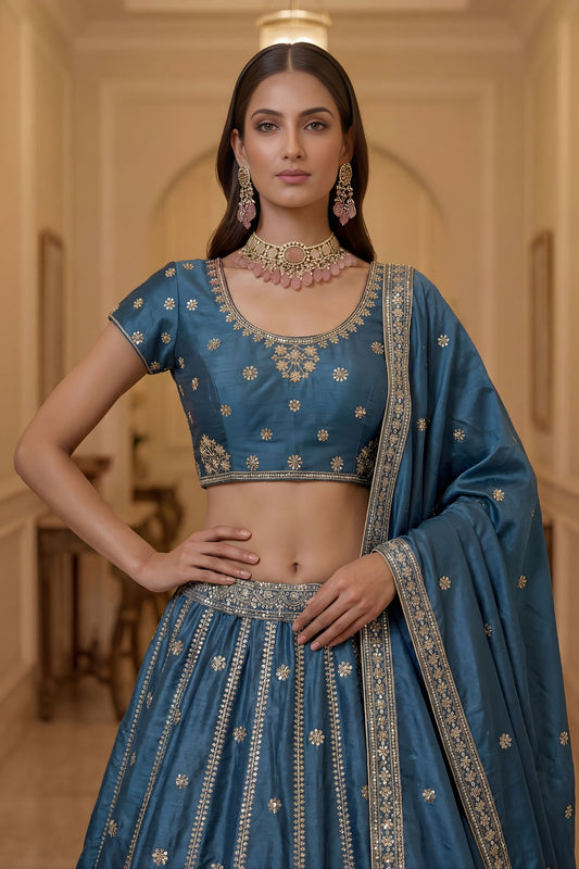 Exquisite Sky Blue Silk Embroidered Lehenga Choli with Peacock Motif Border and Designer Dupatta