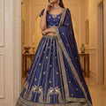 Amazing Blue Silk Embroidered Lehenga Choli with Peacock Motif Border and Designer Dupatta