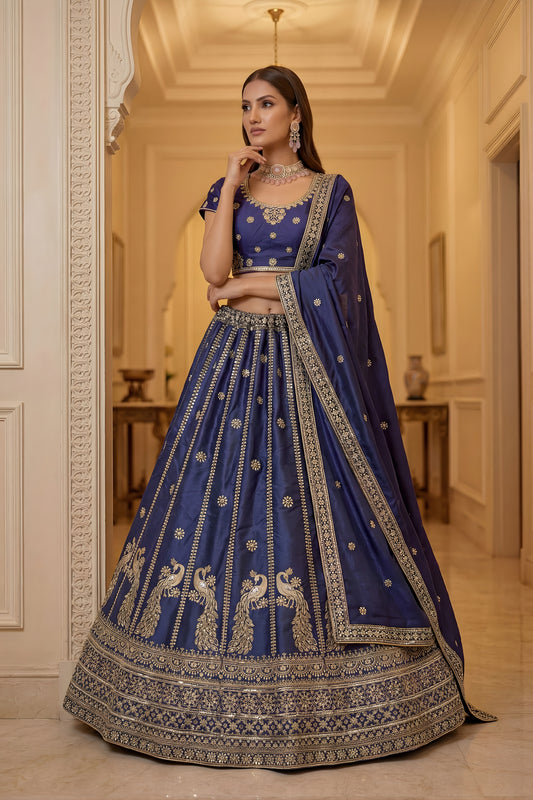 Amazing Blue Silk Embroidered Lehenga Choli with Peacock Motif Border and Designer Dupatta