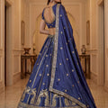 Amazing Blue Silk Embroidered Lehenga Choli with Peacock Motif Border and Designer Dupatta