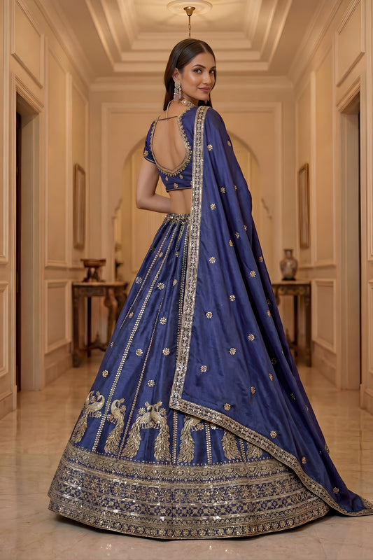 Amazing Blue Silk Embroidered Lehenga Choli with Peacock Motif Border and Designer Dupatta