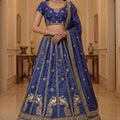Amazing Blue Silk Embroidered Lehenga Choli with Peacock Motif Border and Designer Dupatta