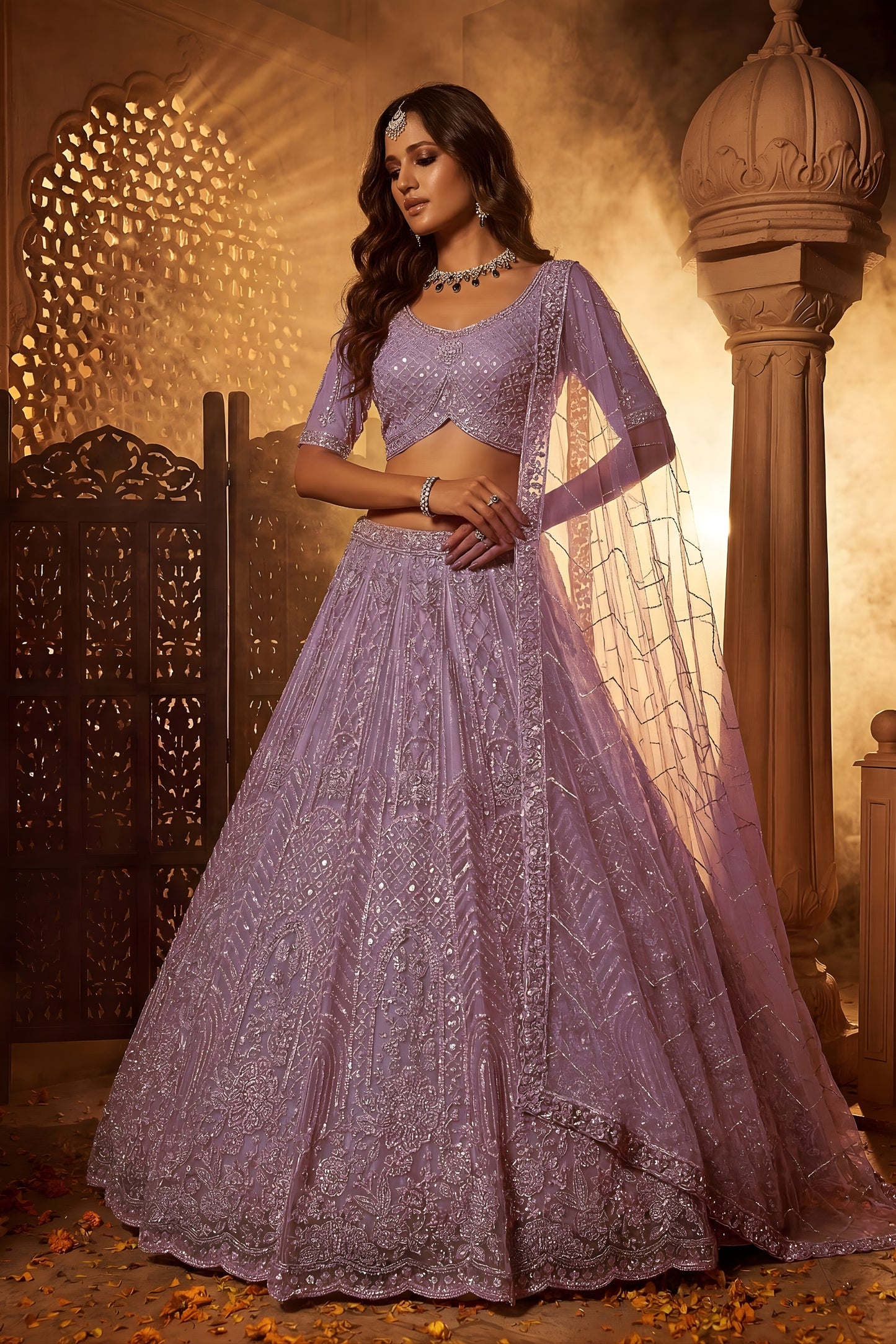 Luxury Lavender Net Heavy Embroidered Lehenga Choli with Designer Dupatta for Wedding