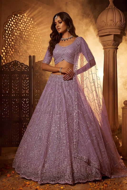 Luxury Lavender Net Heavy Embroidered Lehenga Choli with Designer Dupatta for Wedding