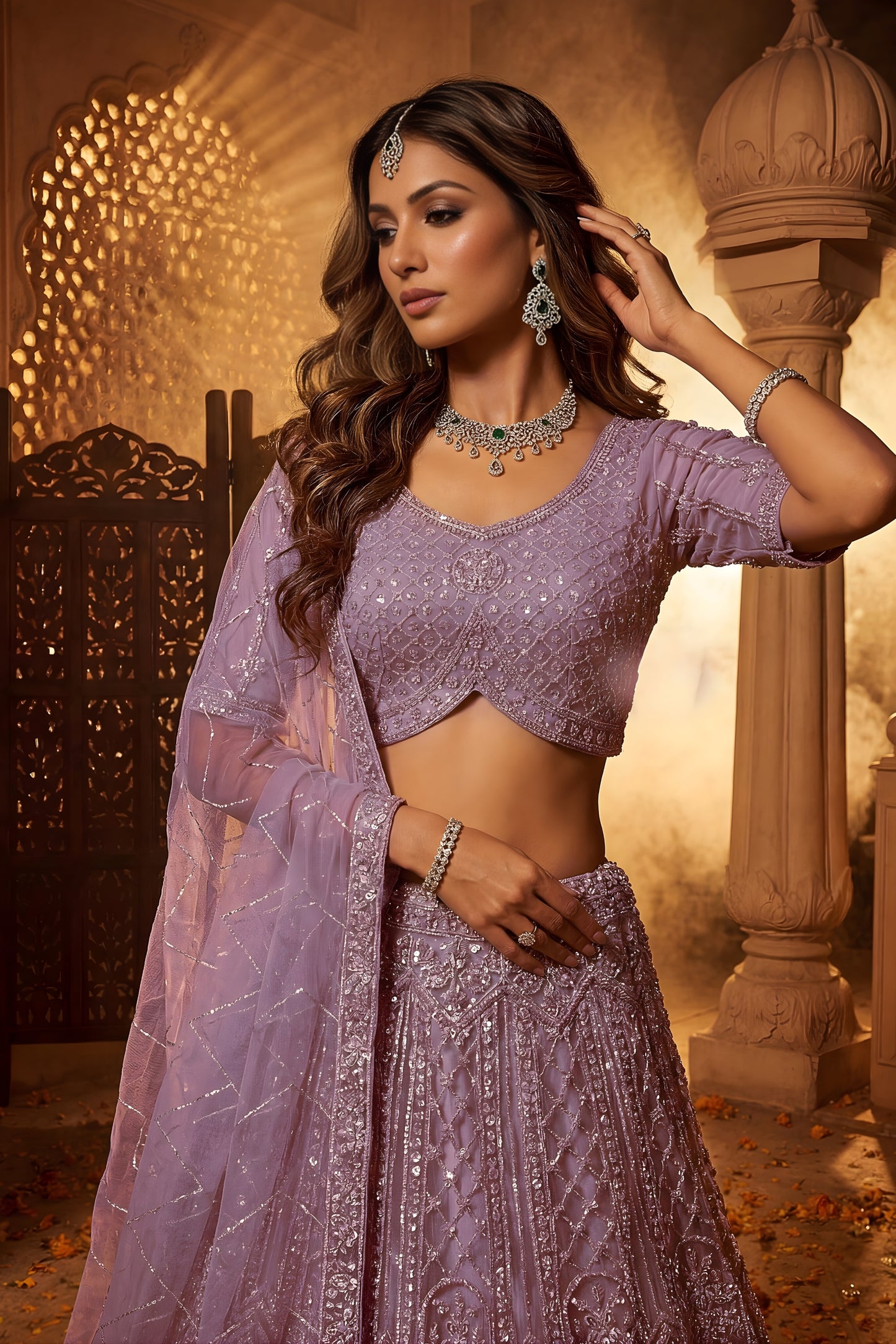 Luxury Lavender Net Heavy Embroidered Lehenga Choli with Designer Dupatta for Wedding