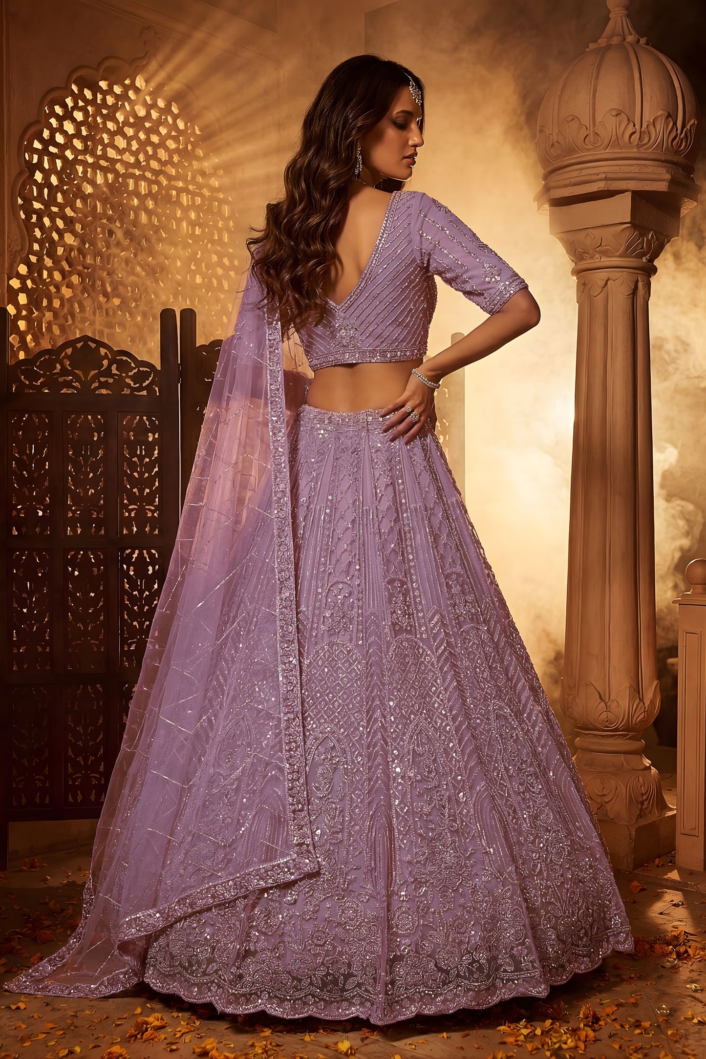 Luxury Lavender Net Heavy Embroidered Lehenga Choli with Designer Dupatta for Wedding
