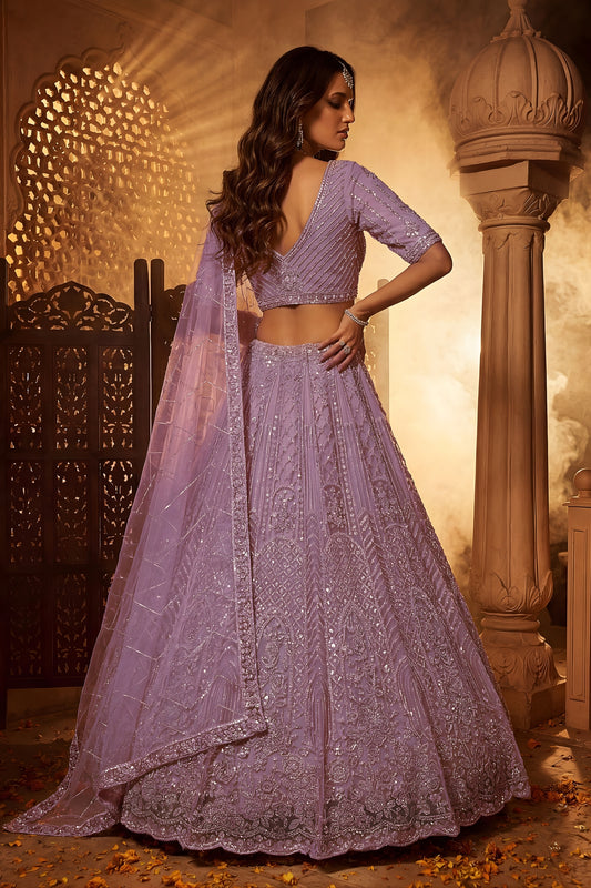 Luxury Lavender Net Heavy Embroidered Lehenga Choli with Designer Dupatta for Wedding