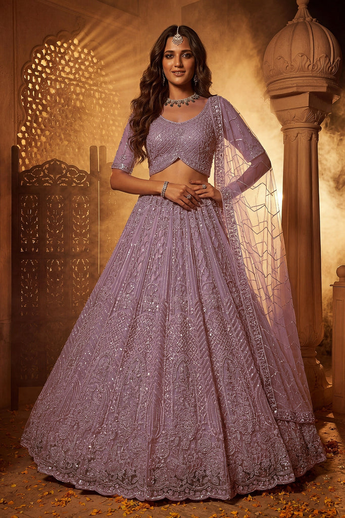 Luxury Lavender Net Heavy Embroidered Lehenga Choli with Designer Dupatta for Wedding