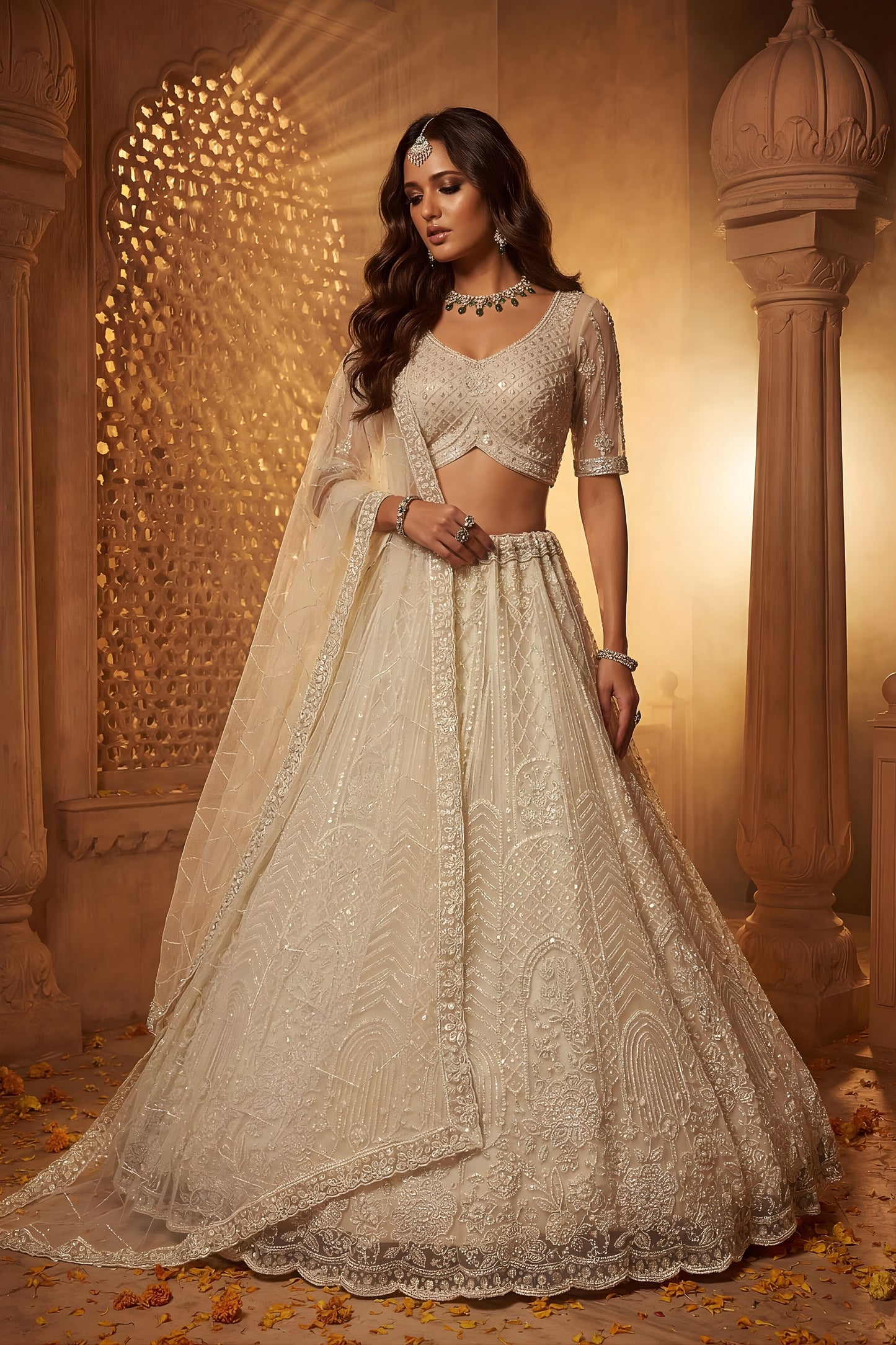 Stylish Off White Net Heavy Embroidered Lehenga Choli with Designer Dupatta for Wedding