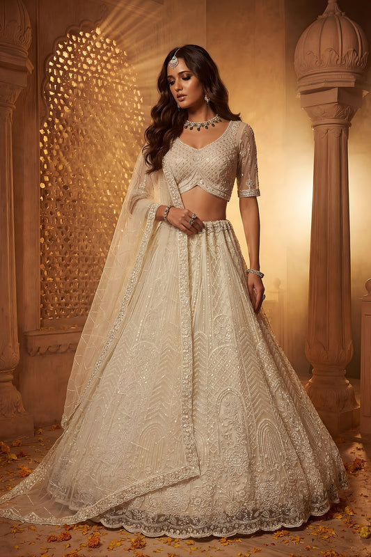 Stylish Off White Net Heavy Embroidered Lehenga Choli with Designer Dupatta for Wedding